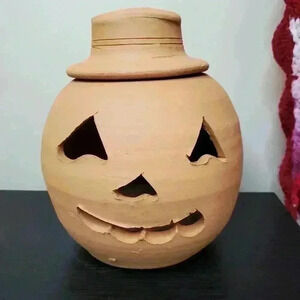 HTF Vintage 10" Hewell Pottery Terra Cotta Smiling Pumpkin w/ Hat Gillsville GA